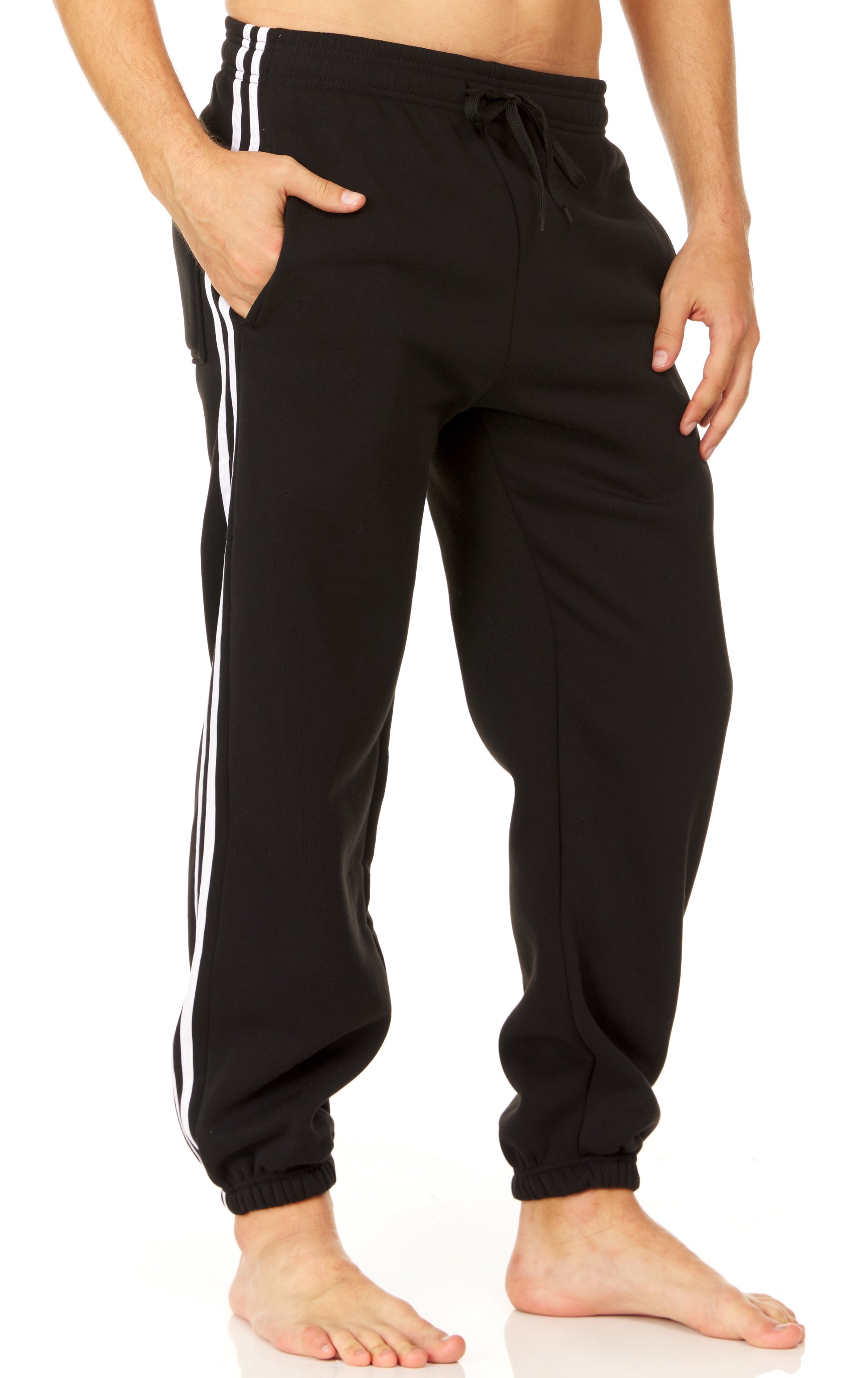 Mens Baggy Fleece Sweatpants Open Bottom Drawstring Waistband with Stripes - Unique Styles Asfoor